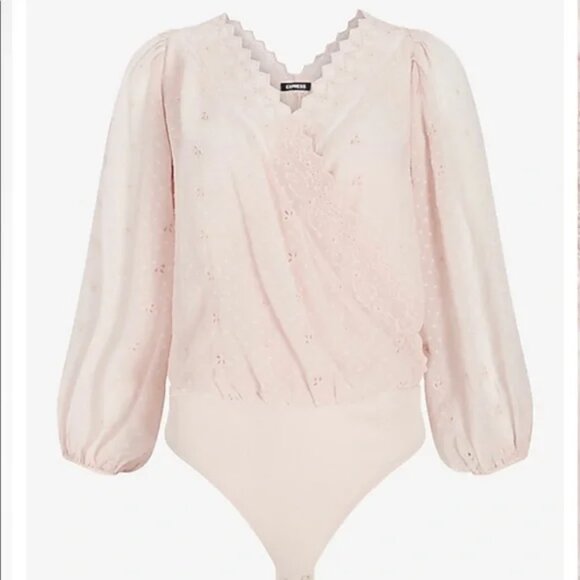 Express Surplice Blush Pink Eyelet Lace Wrap Long Sleeve Bodysuit Top - Picture 3 of 13